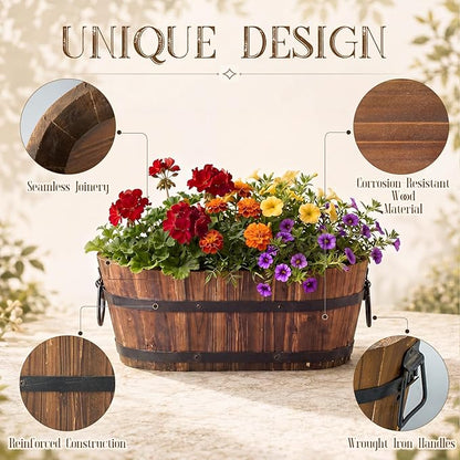 Canlierr 13.1 Inch Wooden Whiskey Barrel Planter Outdoor Large Rustic Flower Planter Pot with Handles and Drainage Holes Garden Balcony Plants for Garden Patio Yard Porch Brown