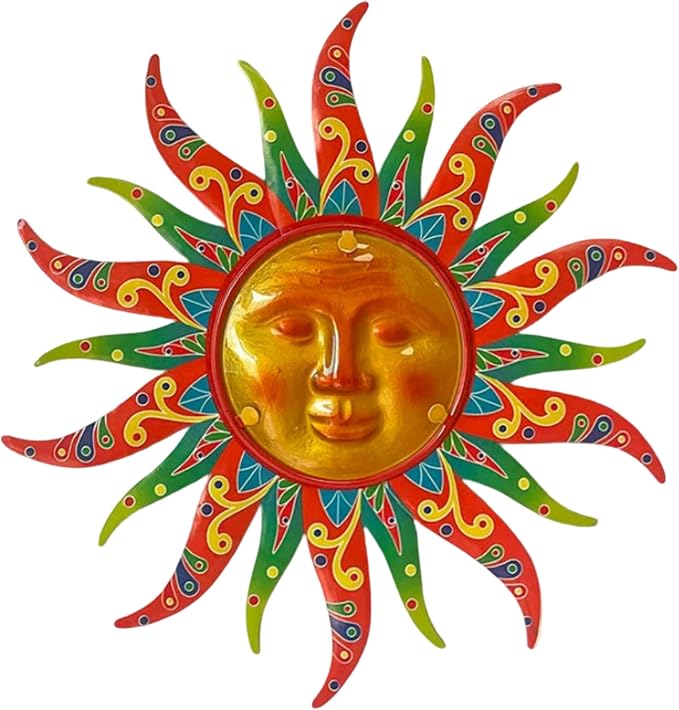 16 Inch Colorful Sun Face Metal Wall Decor, Indoor Outdoor Hanging Art for Farmhouse Patio Yard Bedroom