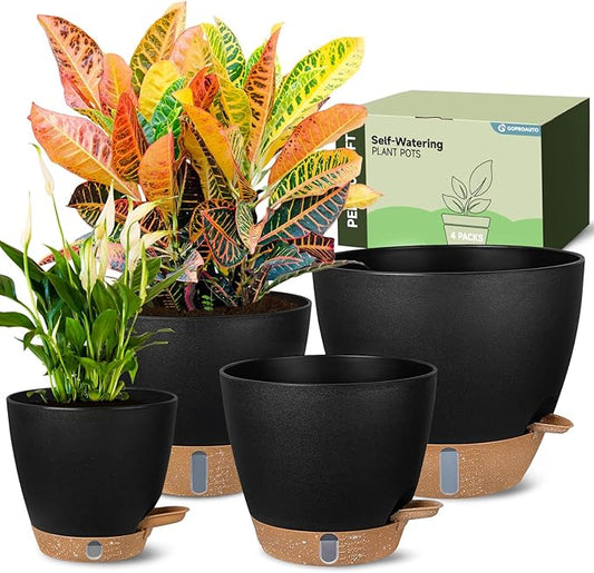 Self-Watering Pots for Indoor and Outdoor Plants 4 Pack, 6/8/10/12 Inch Planters with Water Level Indicator & Deep Reservoir, Decorative Flower Pots for Home Decor