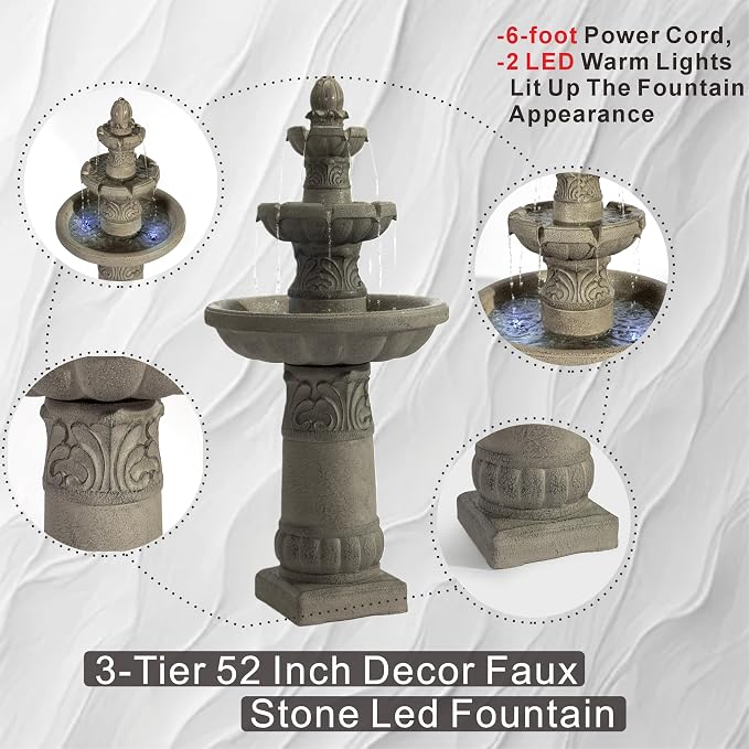 52" H 3-Tier Outdoor LED Garden Fountain, Large Floor Standing Cascading Waterfall with Bubbler Design, Resin Water Feature for Patio Yard Garden, Gray