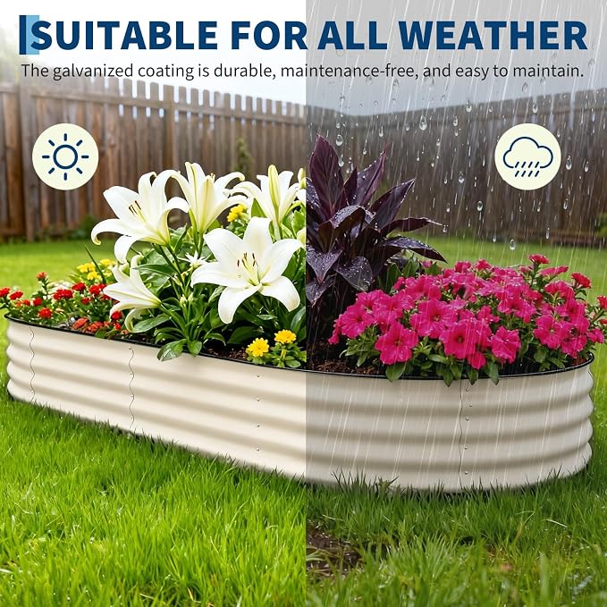 GarveeTech Oval Raised Garden Bed 10x4x1.5 ft - 0.6mm Thick Metal Raised Bed, Rust & Corrosion Resistant, Open Bottom for Drainage, Anti-Cut Strip Included, for Vegetables Flowers Planting, Beige