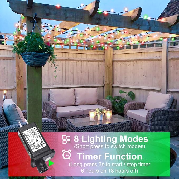 Red White and Green Christmas Lights, 66FT 200 LED Christmas Tree Lights Outdoor Waterproof, 8 Modes Plug in Connectable String Lights for Outside Indoor Garden Patio Xmas Tree Party Decorations