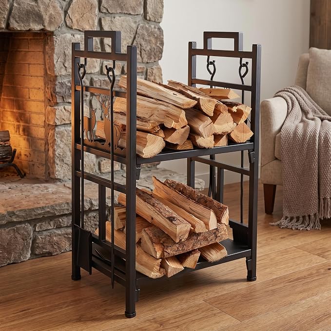Firewood Rack Outdoor, 18 Inch 2 Tier Firewood Storage Log Rack with Heavy Steel Tube Construction, Wood Rack for Indoor Fireplace & Balcony (Black)