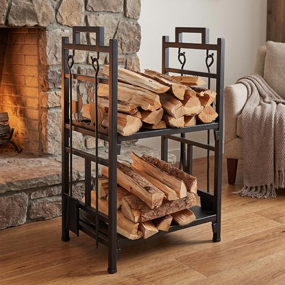 Firewood Rack Outdoor, 18 Inch 2 Tier Firewood Storage Log Rack with Heavy Steel Tube Construction, Wood Rack for Indoor Fireplace & Balcony (Black)
