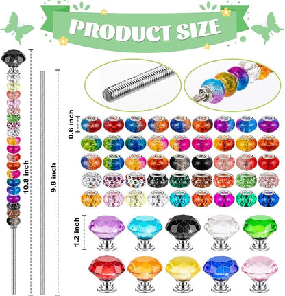 230 Pcs Beaded Garden Stakes DIY Fairy Wand Kit, 12 in | 200 Colorful Assortment Round Large Hole Beads, 10 Crystal Stopper Top, 10 Threaded Rod & 10 Nuts, Outdoor Decoration