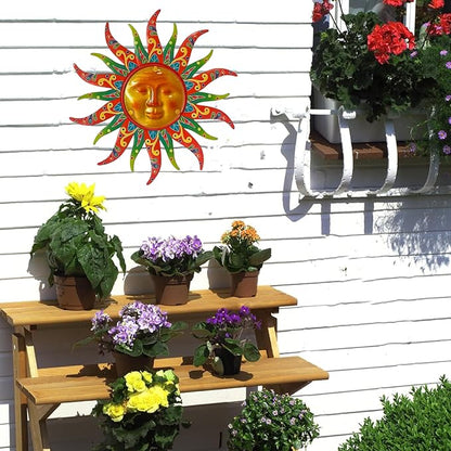 16 Inch Colorful Sun Face Metal Wall Decor, Indoor Outdoor Hanging Art for Farmhouse Patio Yard Bedroom