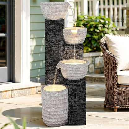 40" H Multilayer Cascading Outdoor Water Fountain with LED Lights & Pump, Sand-Textured Polyresin Freestanding Garden Fountain for Tranquil Garden, Patio or Porch | Unique Sand-Textured Polyresin Freestanding Garden Fountain for Garden, Patio or Porch