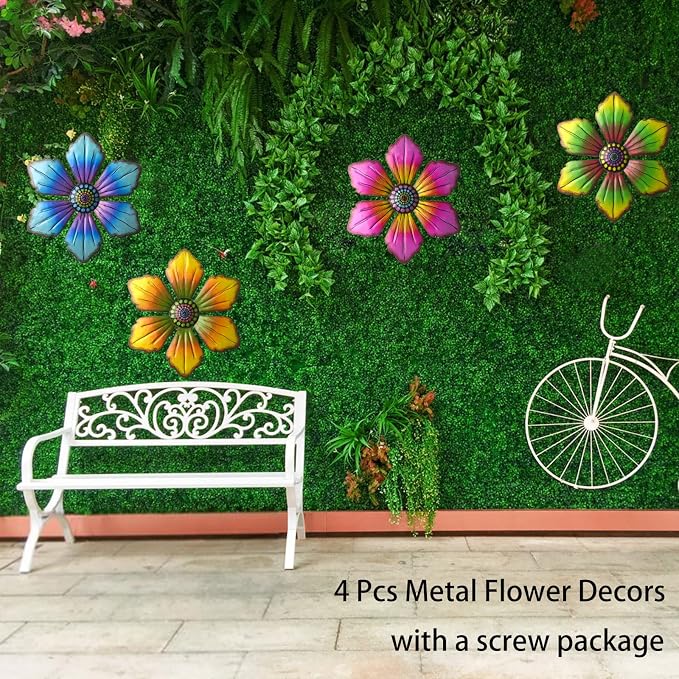 Gooyule Metal Flower Wall Art - Colorful Floral Decor for Indoor Outdoor Hanging - Home Office Garden Yard Wall Decoration Set (Metal Flower Decor B)