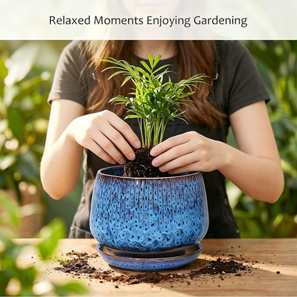 7.5 Inch Ceramic Planter with Saucer,Modern Garden Pots with Drainage Hole Mesh Net, for Indoor Outdoor Use (Speckle Blue)