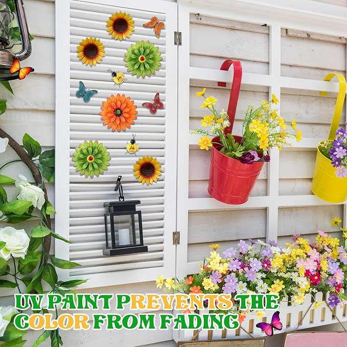 Therwen 10 Pcs Metal Wall Art Decor for Outside 3D Metal Sunflower Bee Butterfly Backyard Decorations Hanging Outdoor Wall Art Multicolored Flowers for Garden Fence Patio Yard Outdoor Porch