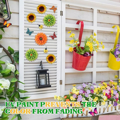 Therwen 10 Pcs Metal Wall Art Decor for Outside 3D Metal Sunflower Bee Butterfly Backyard Decorations Hanging Outdoor Wall Art Multicolored Flowers for Garden Fence Patio Yard Outdoor Porch
