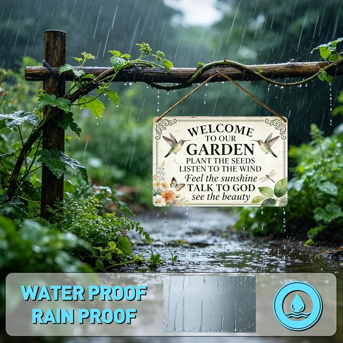 Funny Garden Metal Signs, Vintage Outdoor Wall Decor 8x12 Inch | Welcome To Our Garden Sign, Weatherproof Aluminum Sign for Patio Yard Greenhouse, Gift For Gardeners
