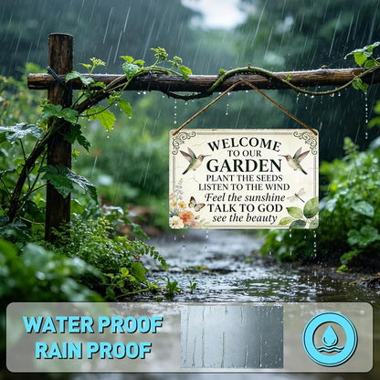 Funny Garden Metal Signs, Vintage Outdoor Wall Decor 8x12 Inch | Welcome To Our Garden Sign, Weatherproof Aluminum Sign for Patio Yard Greenhouse, Gift For Gardeners