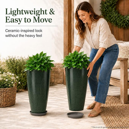 Neoaider Set of 2 Tall Planter, 21 inch Large Plastic Planter, Dark Green | Ceramic-Look, Lightweight, Built-in Drain Hole, Saucers, Tall Outdoor Planter for Porch, Garden, Patio, Balcony