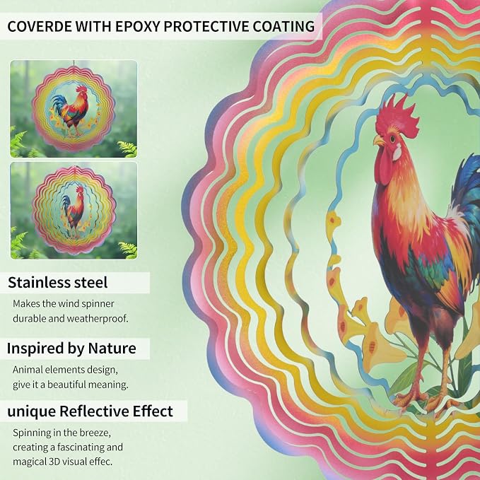 Eandisom Wind Spinners Outdoor Chicken - Birthday Gifts for Women Mom Grandma, Rooster Deocr Hanging Wind Spinner 12 inch 3D Wind Sculptures for Garden Decor for Outside, Patio, Yard, Outdoor