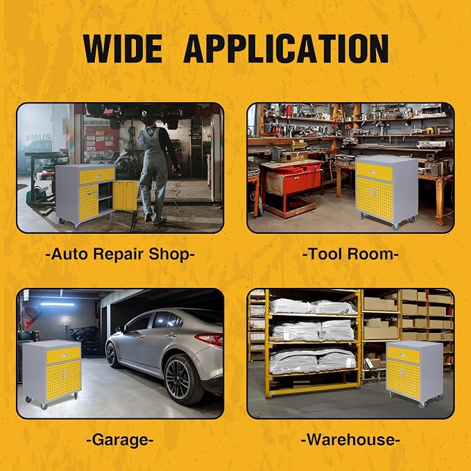 Metal Storage Cabinet with Wheels 30" x 18" x 34" Mobile Metal Garage Cabinet with 1 Drawer & 2 Doors Small Rolling Tool Storage Cabinet with 1 Adjustable Shelf & 4 Hanging Hooks, Yellow & Gray