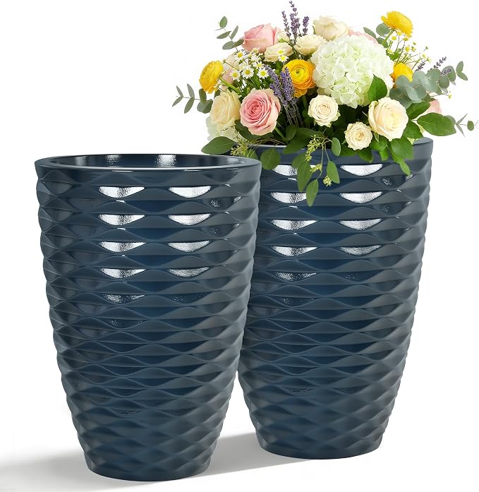 2-Pack 19" Glossy Navy Blue Resin Tall Planters with Wave Texture | Set of 2 resin tall planters with glossy navy blue wave texture, drainage plugs, and UV-resistant finish for porch or patio