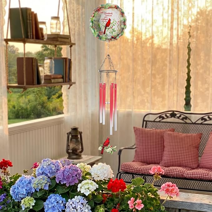 Cardinal Gifts Wind Chimes - Metal Windchimes with 3D Wind Spinner | Outdoors Garden Patio Lawn Yard Indoor Balcony Decor Home Art Hanging Birthday Gift for Women Men Mom Grandma Friends