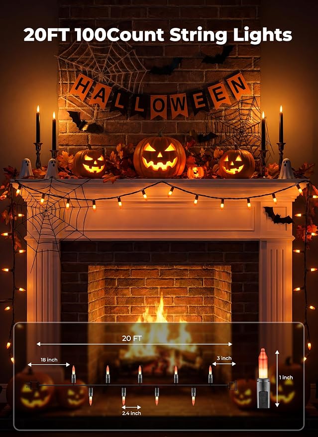 Minetom 100-count 25Ft.Yellow & Orange Candy Corn Incandescent Mini Halloween String Lights for Outdoor & Indoor Halloween Decoration, Waterproof & Connectable