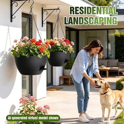 12 Inch Large Self Watering Hanging Planters 2 Pack with Saucers | Set of 2 12-inch self-watering hanging planters with extra soil capacity, side-fill ports, chain hangers & snap-on saucers