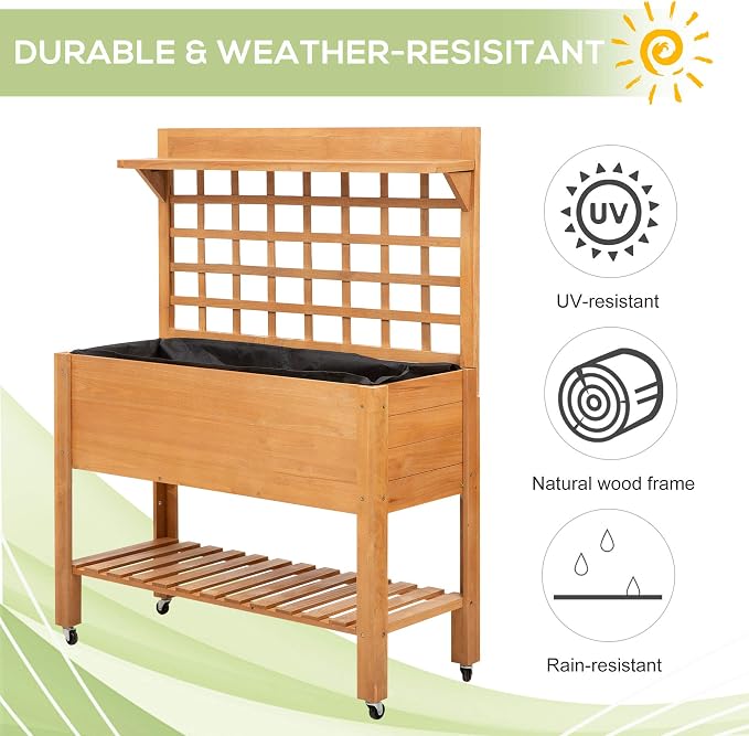 Outsunny 41" Raised Garden Bed with Trellis on Wheels, Wooden Elevated Planter Box with Legs and Bed Liner, for Flowers, Herbs & Vegetables, Brown