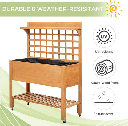 Outsunny 41" Raised Garden Bed with Trellis on Wheels, Wooden Elevated Planter Box with Legs and Bed Liner, for Flowers, Herbs & Vegetables, Brown