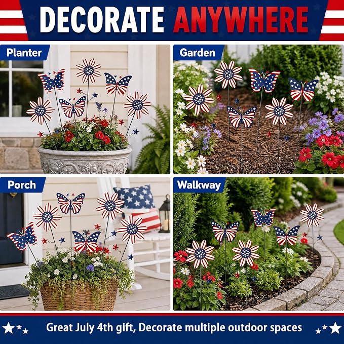 6Pack 4th of July Decorations Outdoor, 18.6Inch Patriotic Metal Flowers Butterfly Decorative Garden Stakes for Independence Day, Americana Patriotic Yard Signs Decor for Garden Lawn Porch