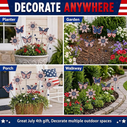 6Pack 4th of July Decorations Outdoor, 18.6Inch Patriotic Metal Flowers Butterfly Decorative Garden Stakes for Independence Day, Americana Patriotic Yard Signs Decor for Garden Lawn Porch