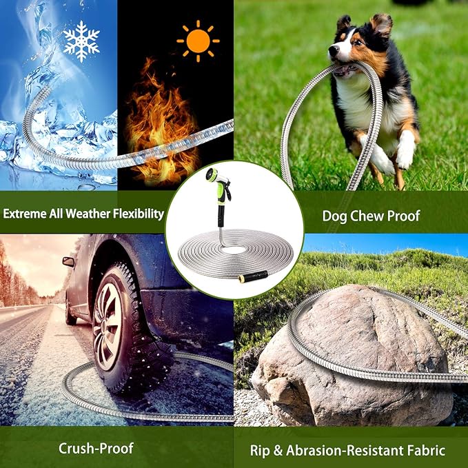 Flexible Metal Garden Hose 50ft-Heavy Duty Water Hose with Durable 304 Stainless Steel and 10 Way Spray Nozzle-Strong 3/4'' Solid Brass Fitting-Outdoor Yard No Kink Lightweight Hose Pipe