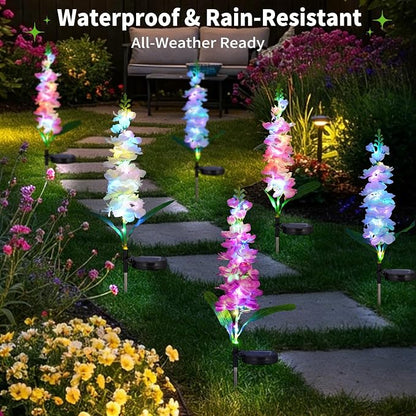 4-Pack Solar Delphinium Garden Decor, 4 LED Flower Stake Lights - Waterproof Long-Lasting Outdoor Solar Patio Decor for Lawn, Yard & Pathway