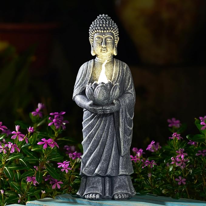 Solar Buddha Statue Outdoor - 11 Inch Tall Solar Outdoor Yard Zen Garden Decor - Ideal Gifts for Housewarming