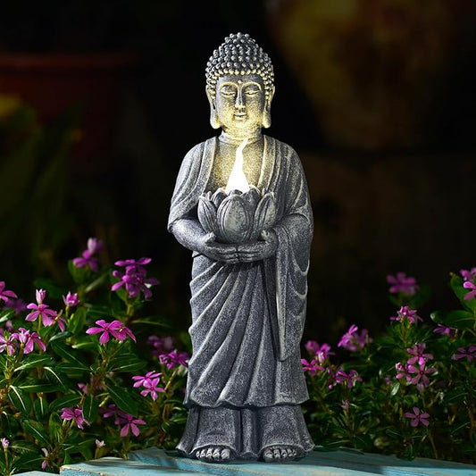 Solar Buddha Statue Outdoor - 11 Inch Tall Solar Outdoor Yard Zen Garden Decor - Ideal Gifts for Housewarming