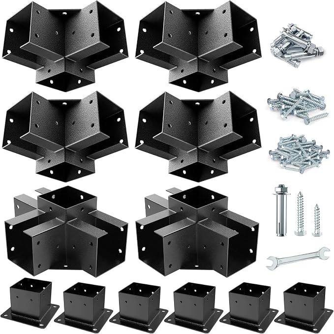 3-Way & 4-Way Pergola Brackets, 4"x4" Pergola Kit, Wood Post Base Bracket for Gazebos, Patio Pergolas, Log Cabin, Wooden Beams (12PCS)