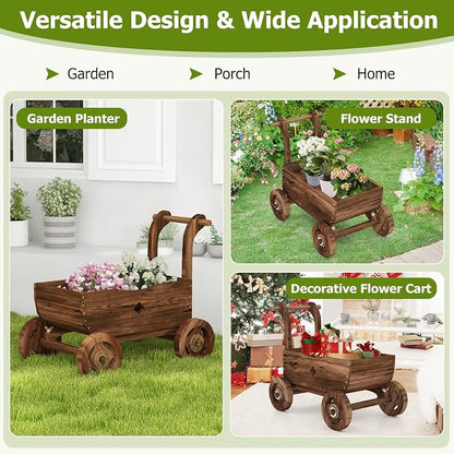 S AFSTAR Wooden Wagon Planter Box, Mobile Garden Planter with 4 Wheels, Handle, Drain Hole, Decorative Plant Wagon for Indoor & Outdoor Decor, Decorative Flower Cart for Patio, Garden, Balcony, Brown
