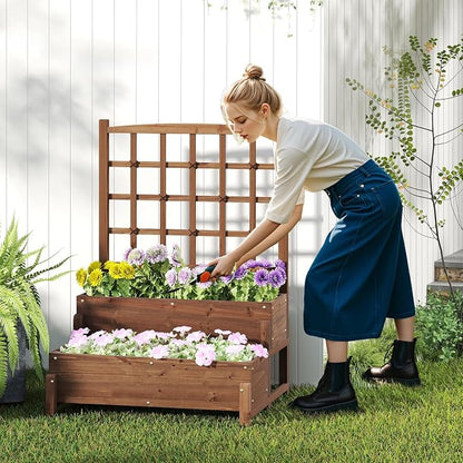 HAPPYGRILL Raised Garden Bed with Trellis, Drainage Holes, 2-Tier Wooden Elevated Planter Box w/Legs for Climbing Plants Vine Flower Herb Vegetable Fruit, Outdoor Garden Box for Patio Balcony
