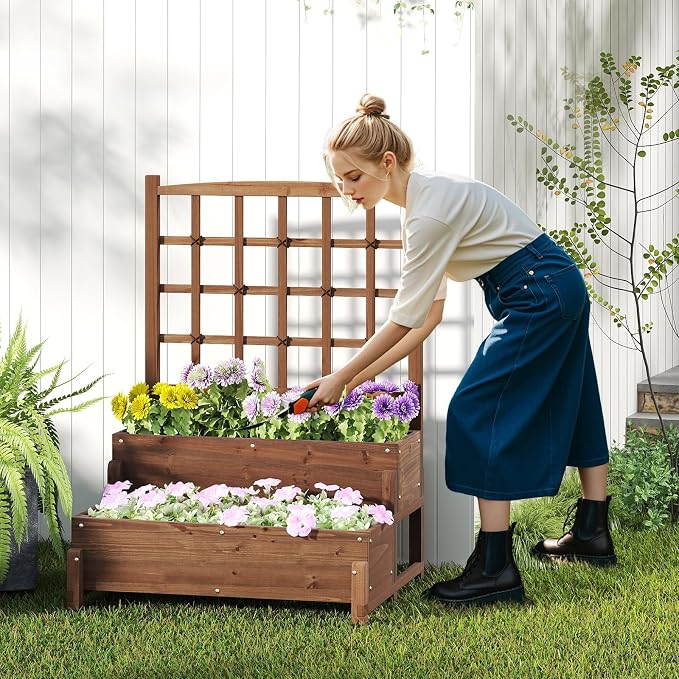 HAPPYGRILL Raised Garden Bed with Trellis, Drainage Holes, 2-Tier Wooden Elevated Planter Box w/Legs for Climbing Plants Vine Flower Herb Vegetable Fruit, Outdoor Garden Box for Patio Balcony (2)