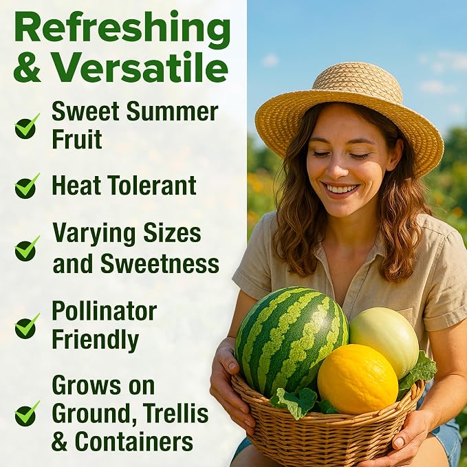 HOME GROWN Melon Seeds 5 Variety Mix 115+ Heirloom Non-GMO, High Germination, Watermelon Sugar Baby, Cantaloupe, Honeydew, Sweet & Juicy Summer Fruit, Indoor Outdoor Garden (Cucumis melo/Citrullus)