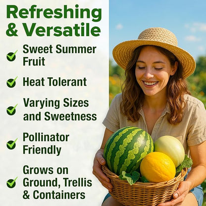 HOME GROWN Melon Seeds 5 Variety Mix 115+ Heirloom Non-GMO, High Germination, Watermelon Sugar Baby, Cantaloupe, Honeydew, Sweet & Juicy Summer Fruit, Indoor Outdoor Garden (Cucumis melo/Citrullus)