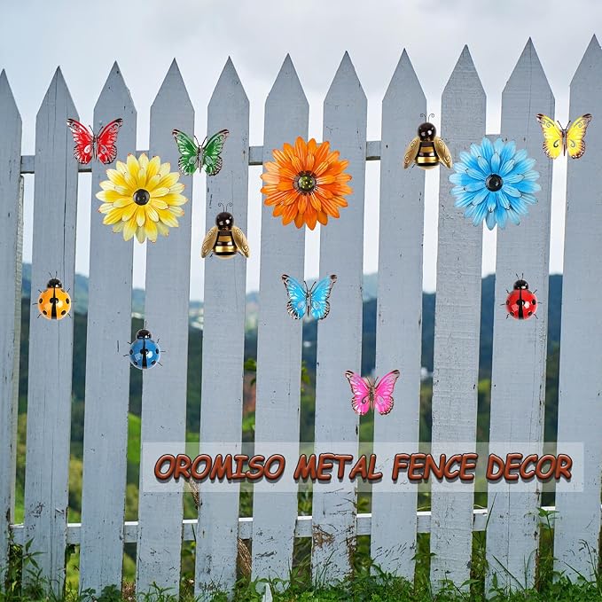13pcs Metal Wall Decoration, Flowers, Butterflies, Bees, Ladybugs Colorful DIY Wall Decor Hanging Garden Fence Art for Indoor Outdoor Patio Yard Home Farmhouse, Gift for Family Friend