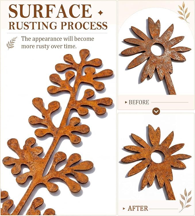 VIS'V Decorative Garden Stakes, Metal Flower Plant Yard Art Stakes, 5 Pcs | 15.7 In Length, Pre-rusted Finish, Rusty Art Decor for Outdoor Indoor