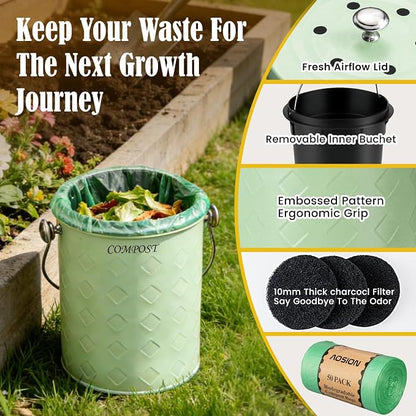 AOSION Countertop Compost Bin Kitchen,Odorless Indoor Compost Bin with Lid | 1 Gallon Composter Container,Removable Inner Bucket,50 Compost Bags,2 Carbon Filters,ideal for food scraps,coffee grounds
