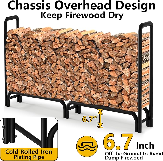 Amagabeli 6ft Firewood Rack Outdoor with Cover Heavy-Duty Wood Racks Indoor for Fireplace Log Holder Fire Wood Storage Rack and Cover Set Black