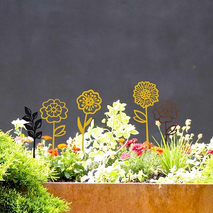 Gold Metal Flowers Set of 6, Decorative Garden Stakes for Outdoor, Yard Art, Flower Bed Decor, Garden Decorations for Pots and Flower Vases, Elegant Metal Flowers for Patio, Garden, and Home