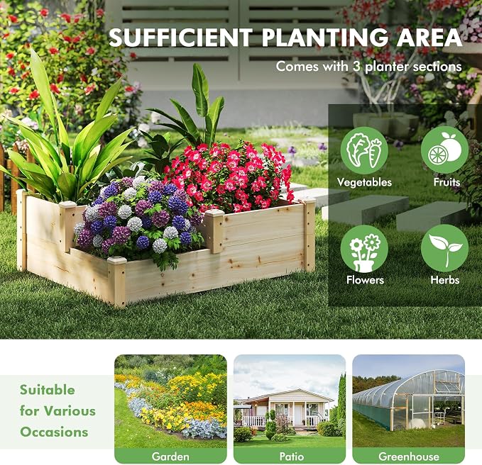 S AFSTAR 3-Tier Raised Garden Bed, Outdoor Elevated Planter Box for Vegetable Fruit Herb Flower Solid Fir Wood Planter Kit with Open-Ended Base, Gardening Planter for Garden Yard Lawn Backyard
