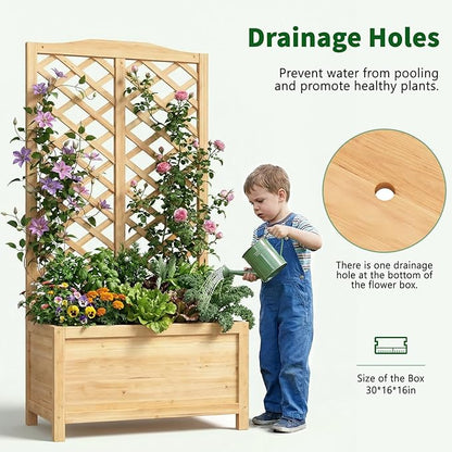 Wooden Raised Garden Bed with Trellis, Freestanding Planter Box with Drainage for Vines Climbing Plants Flowers Herbs, Elevated Gardening Planter for Backyard Balcony Patio