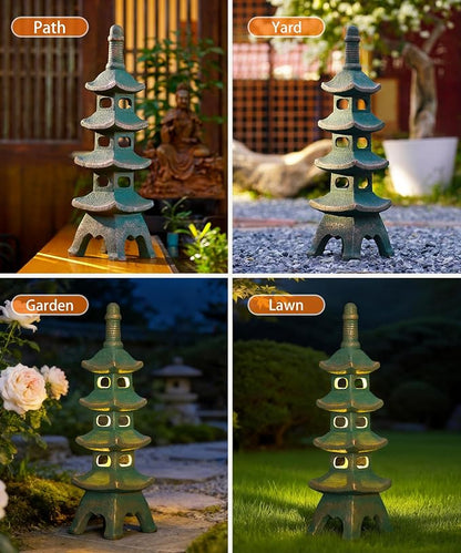 Nacome Solar Pagoda Garden Statues: 25.6 inches Multi-Layer Outdoor Weatherproof Resin Zen Decor for Landscape Balcony Patio Porch Yard Ornament(Bronze)