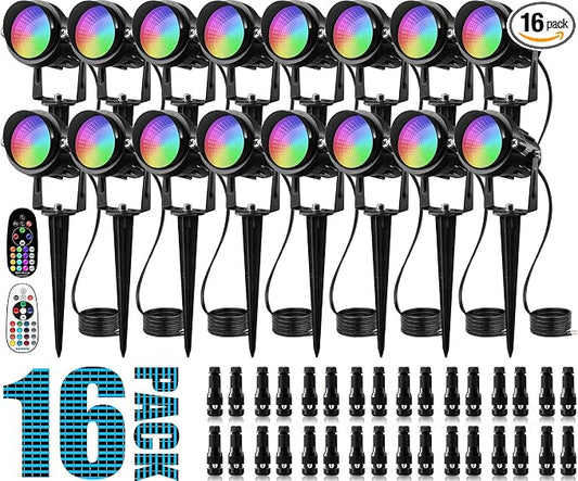 SUNVIE RGBW Low Voltage Landscape Lighting LED Color Changing Landscape Lights Remote Control Waterproof Spotlights Outdoor Landscaping Lights for Yard Garden Christmas 16 Pack with Connectors