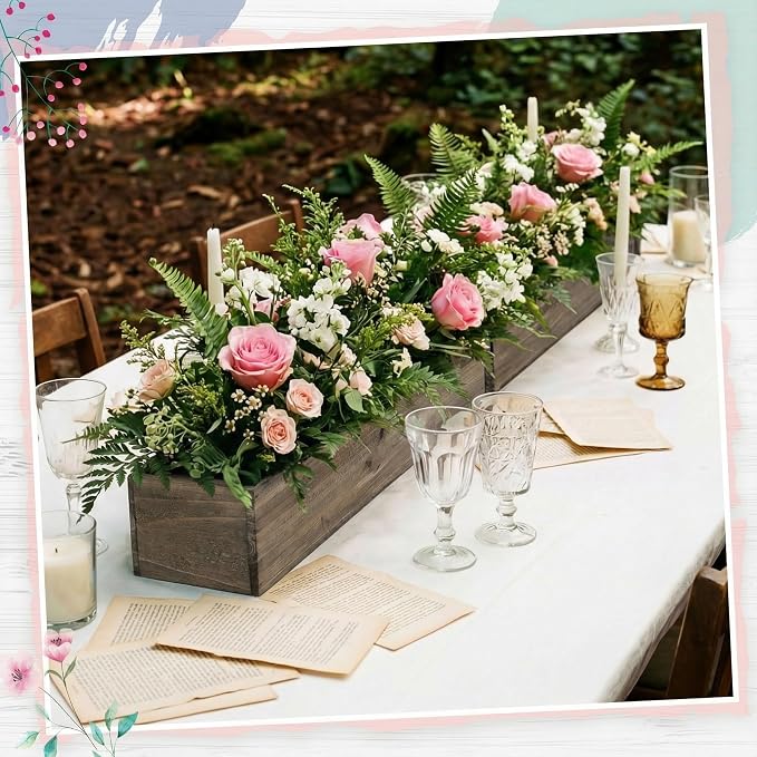 Dandat 2 Set Wood Boxes for Centerpieces 28x5 Inch Rectangle Wooden Planter Box Rustic Wooden Planters with Removable Plastic Liner Floral Foam Blocks for Christmas Wedding Home Garden Decor(Brown)
