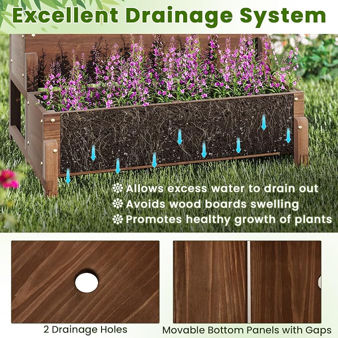 DREAMADE Fir Wood Raised Garden Bed with Trellis, 2-Tier Wooden Elevated Planter Box w/Drainage System, Garden Trellis for Flower, Vegetable, Fruit & Herb (2)