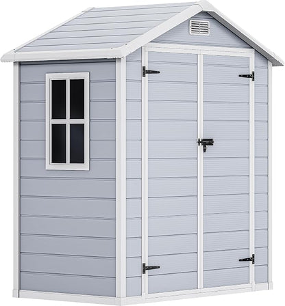 DWVO 6X4FT Resin Storage Shed with Reinforced Floor, Outdoor Storage Shed with Lockable Door, Window & Vents, Waterproof Plastic Tool Shed for Garden Backyard, Patio